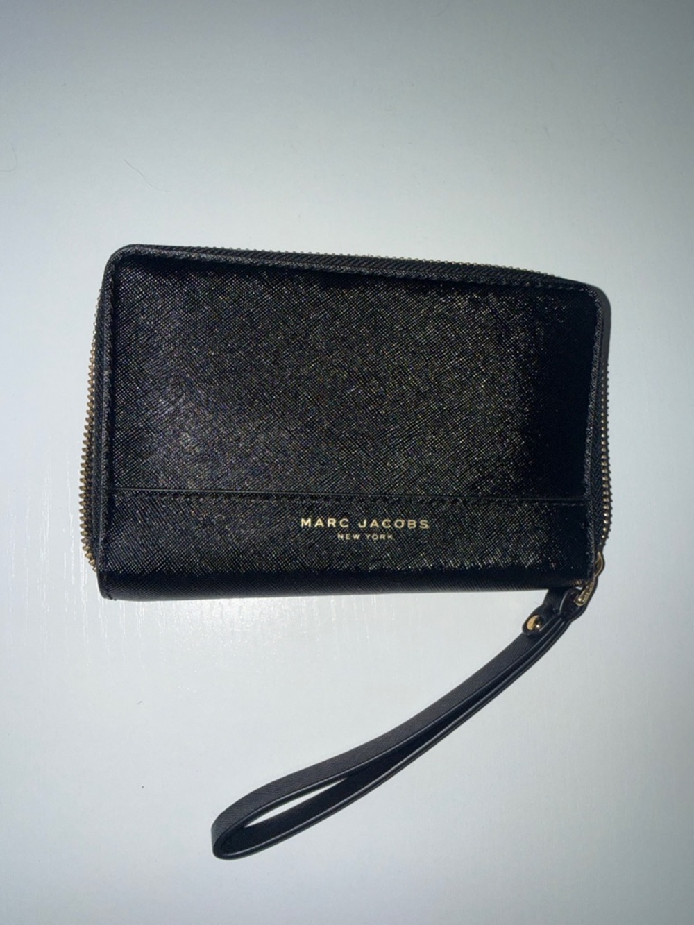 Marc Jacobs Black Saffiano Leather Zip Wristlet Wallet with Gold Logo